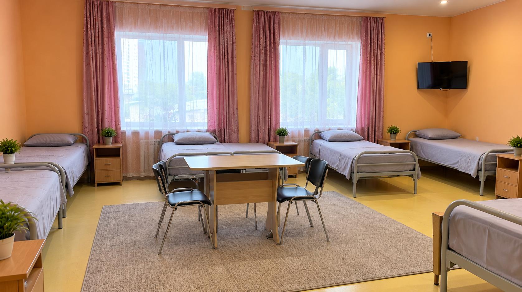 Просторная комната пансионата с кроватями, столом, стульями и телевизором